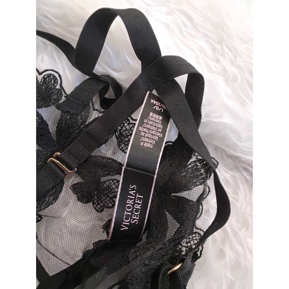 Victoria's Secret Black Floral Embroidered Mesh Strappy Teddy Bodysuit Large - Picture 3 of 5